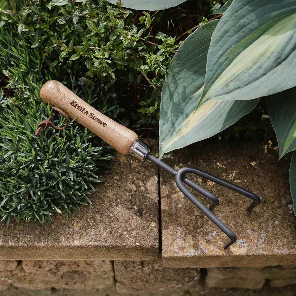 Cultivator de mana KENT & STOWE cu 3 dinti, otel inoxidabil, coada lemn frasin, 28 cm
