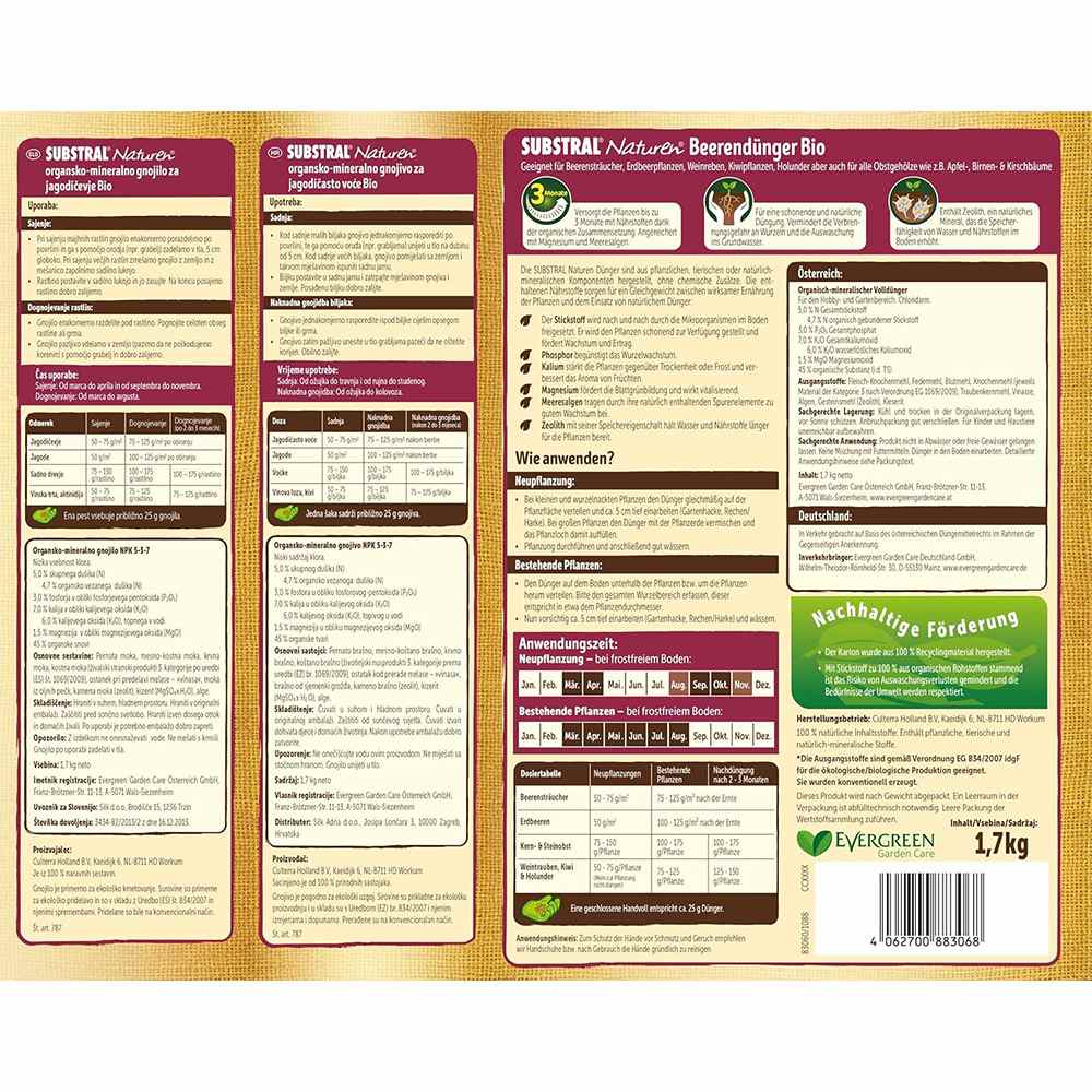 Ingrasamant fructe si fructe de padure SUBSTRAL Naturen, NPK 5-3-7 cu zeolit, 1.7 kg, fertilizant organic-mineral cu efect 3 luni
