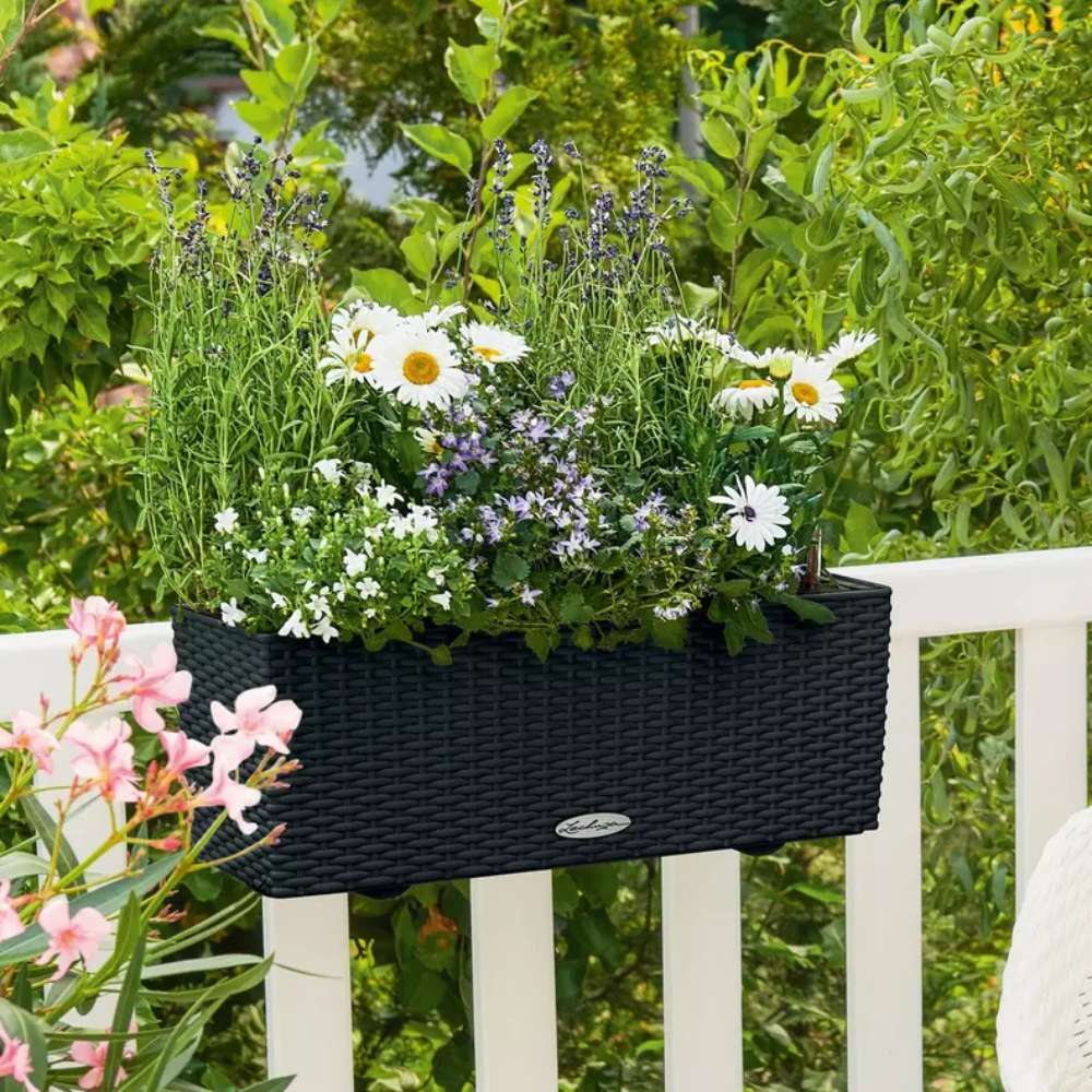 Ghiveci Auto-Irigant Lechuza Balconera Cottage 50, 8 l, efect de ratan negru, sistem de autoirigare, insert detasabil, strat de drenaj