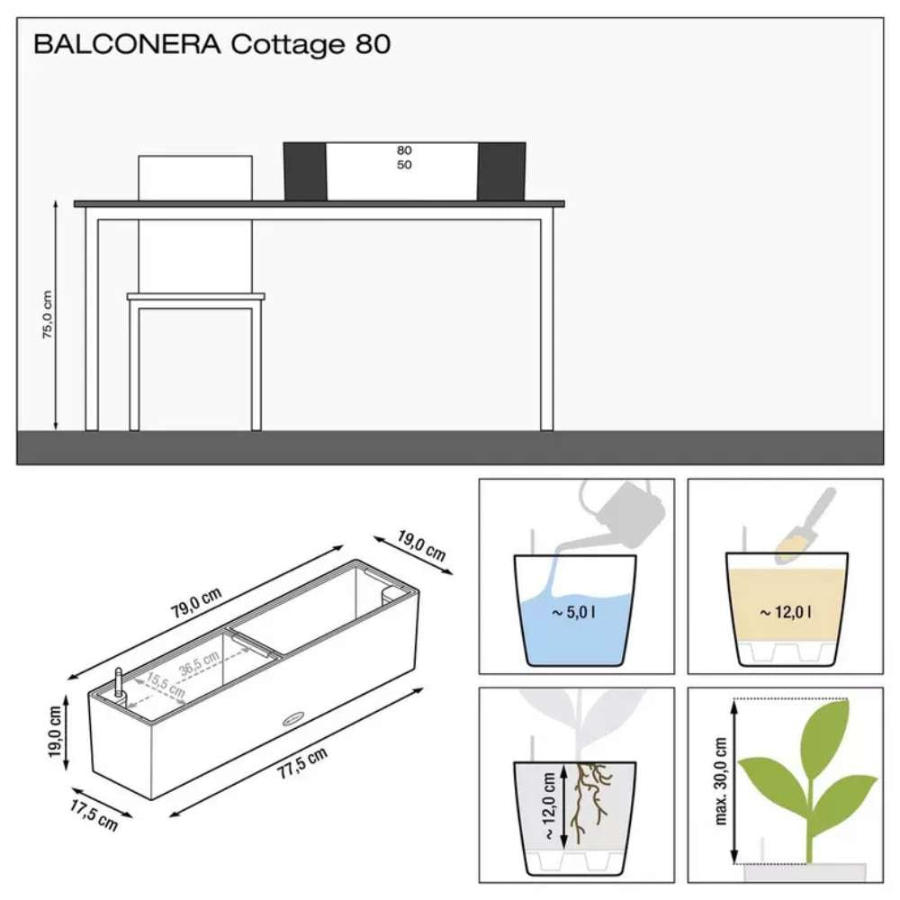 Ghiveci Auto-Irigant Lechuza Balconera Cottage 80, 12 l, efect de ratan negru, sistem de autoirigare, insert detasabil, strat de drenaj