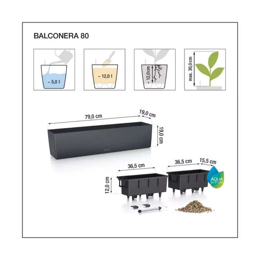 Ghiveci Auto-Irigant Lechuza Balconera Color 80, 12 l, gri mat, sistem de autoirigare, insert detasabil, strat de drenaj