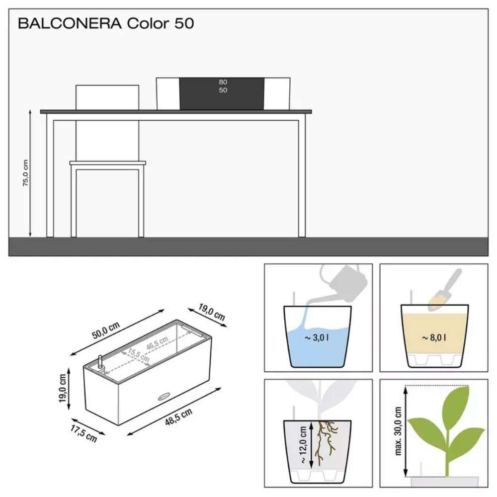 Ghiveci Auto-Irigant Lechuza Balconera Color 50, 8 l, gri mat, sistem de autoirigare, insert detasabil, strat de drenaj