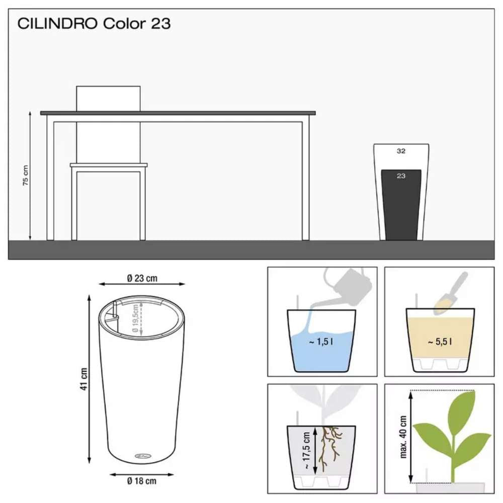 Ghiveci Auto-Irigant Lechuza Cilindro Color 23, 5.5 l, bej mat, sistem de autoirigare, insert detasabil, strat de drenaj
