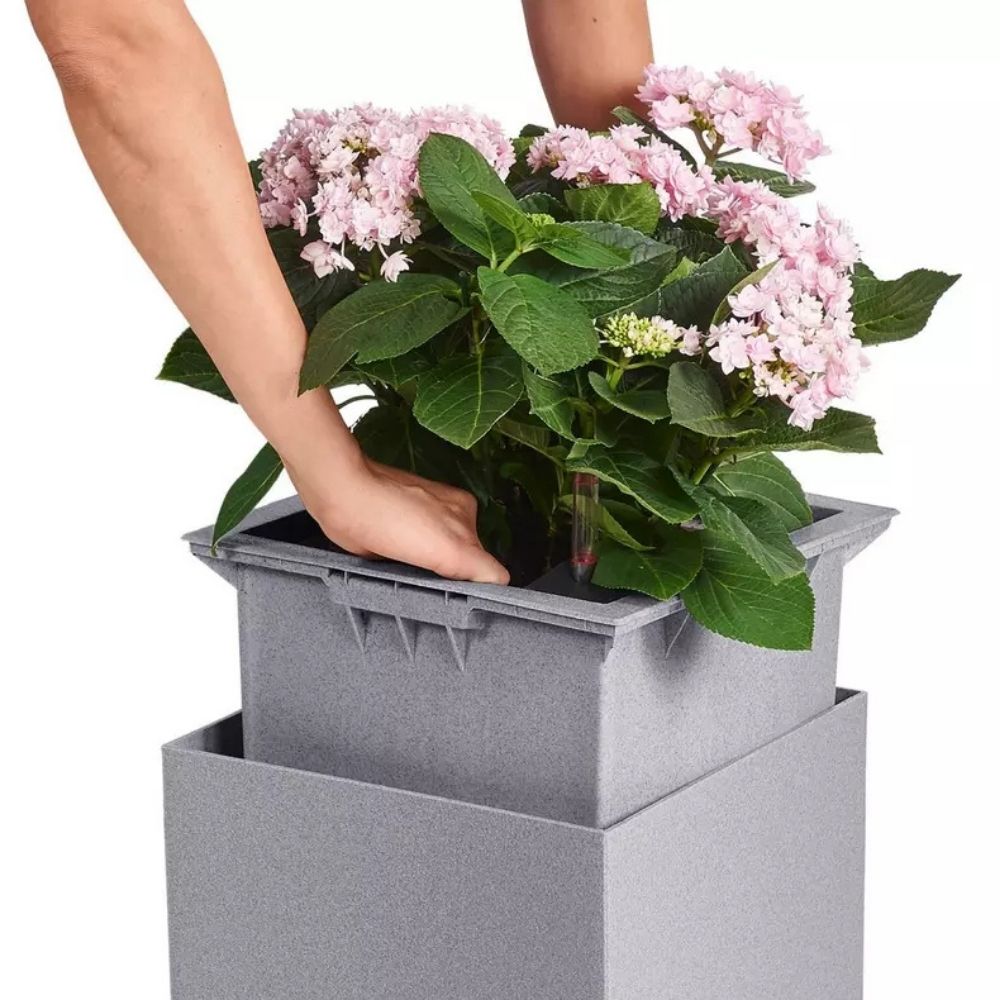 Ghiveci Auto-Irigant Lechuza Canto Stone High 30, 12 l, efect piatra alba, sistem de autoirigare, insert detasabil, strat de drenaj