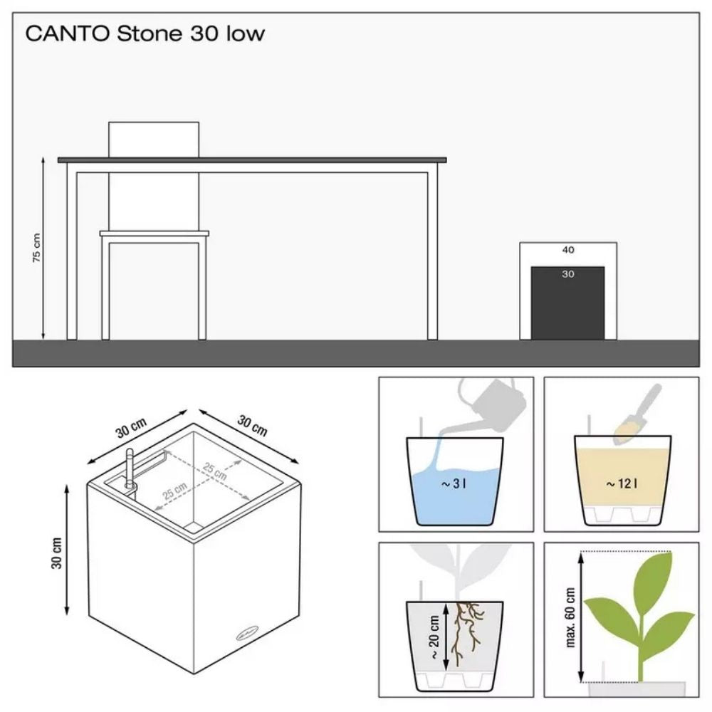 Ghiveci Auto-Irigant Lechuza Canto Stone Low 30, 12 l, efect piatra alba, sistem de autoirigare, insert detasabil, strat de drenaj