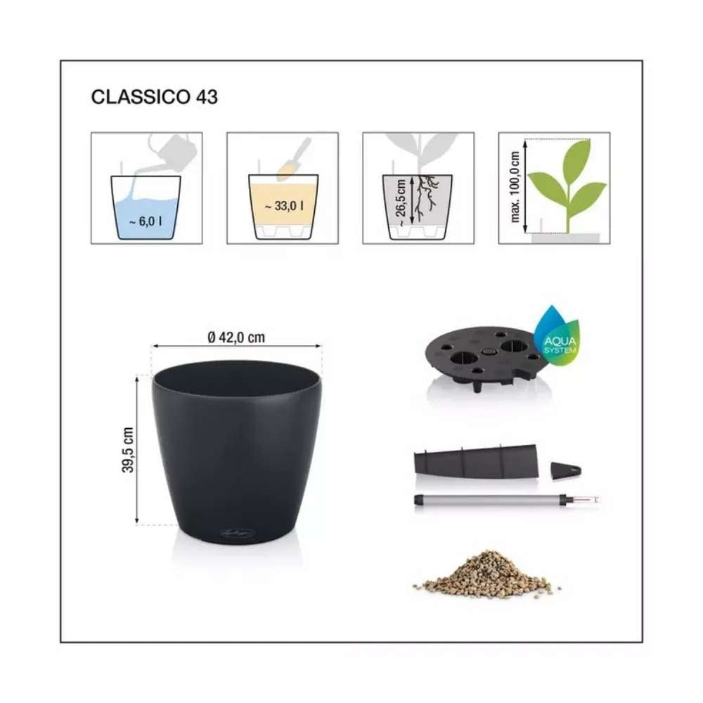 Ghiveci Auto-Irigant Lechuza Classico Color 43, 28 l, negru mat, sistem de autoirigare, insert detasabil, strat de drenaj