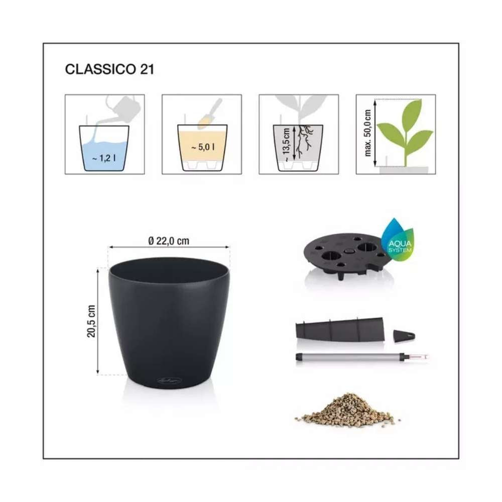 Ghiveci Auto-Irigant Lechuza Classico Color 21, 5 l, negru mat, sistem de autoirigare, insert detasabil, strat de drenaj