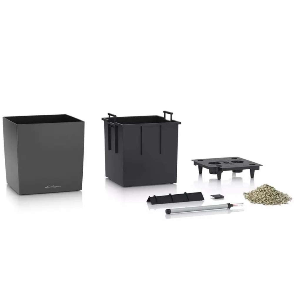 Ghiveci Auto-Irigant Lechuza Cube Premium 30, 12 l, negru metalic, sistem de autoirigare, insert detasabil, strat de drenaj