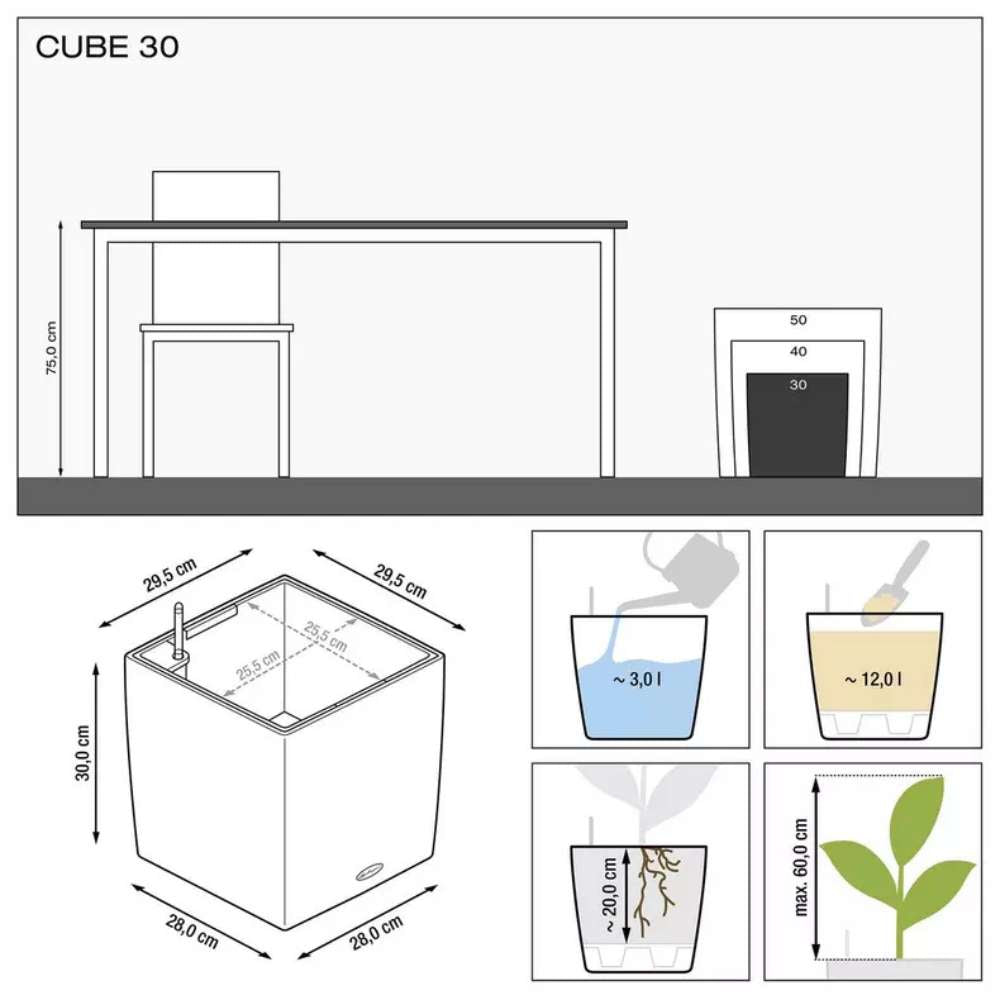 Ghiveci Auto-Irigant Lechuza Cube Premium 30, 12 l, negru metalic, sistem de autoirigare, insert detasabil, strat de drenaj