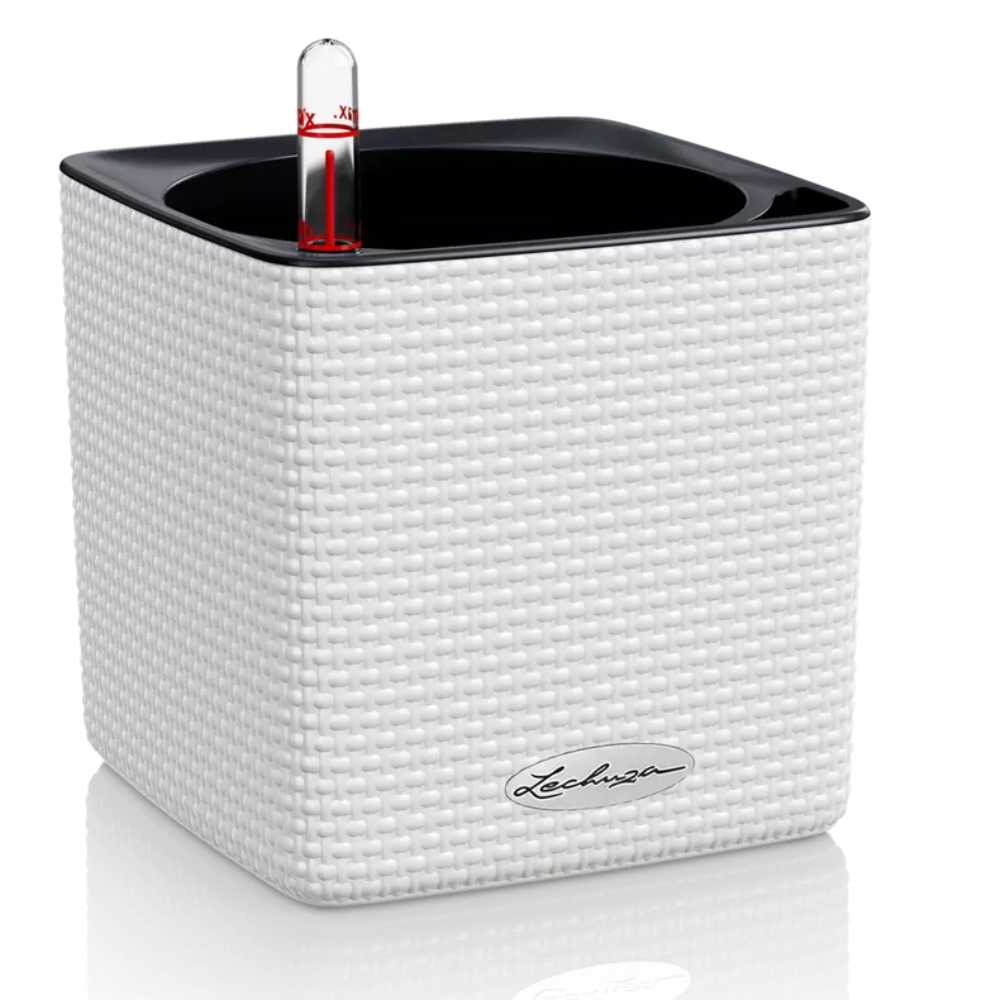 Ghiveci Auto-Irigant Lechuza Cube Color 14, efect de ratan alb, pentru plante cu ghiveci, sistem de autoirigare, insert detasabil, strat de drenaj