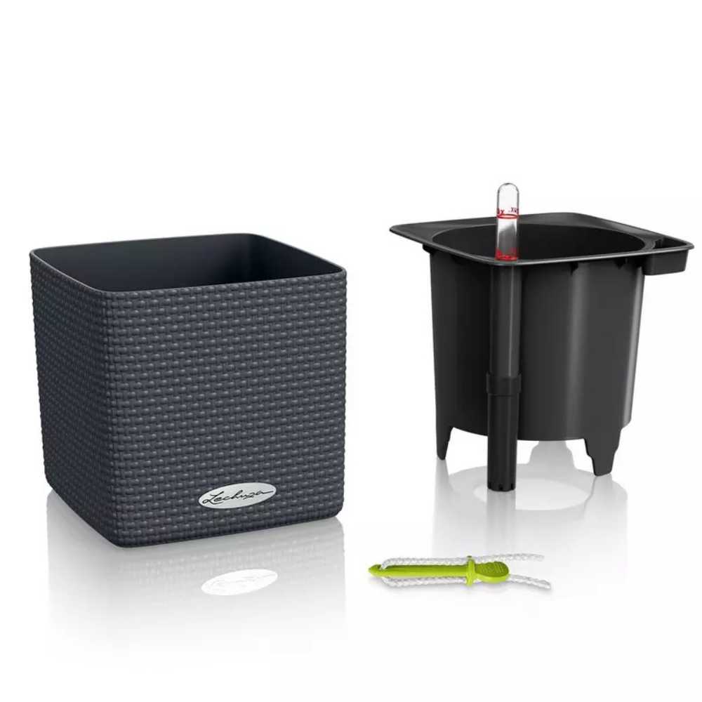 Ghiveci Auto-Irigant Lechuza Cube Color 16, efect de ratan negru, pentru plante cu ghiveci, sistem de autoirigare, insert detasabil, strat de drenaj