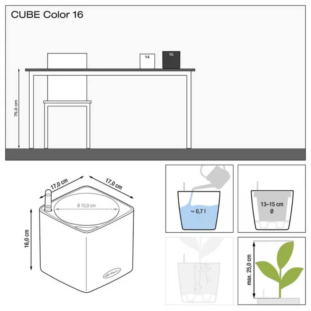 Ghiveci Auto-Irigant Lechuza Cube Color 16, efect de ratan negru, pentru plante cu ghiveci, sistem de autoirigare, insert detasabil, strat de drenaj