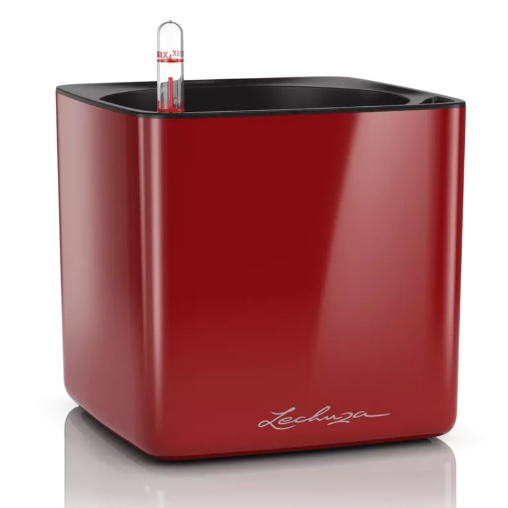 Ghiveci Auto-Irigant Lechuza Cube Glossy 16, rosu lucios, pentru plante cu ghiveci, sistem de autoirigare, insert detasabil, strat de drenaj