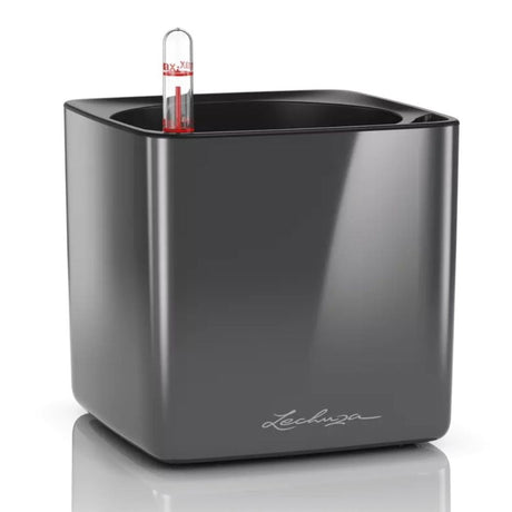 Ghiveci Auto-Irigant Lechuza Cube Glossy 16, negru lucios, pentru plante cu ghiveci, sistem de autoirigare, insert detasabil, strat de drenaj