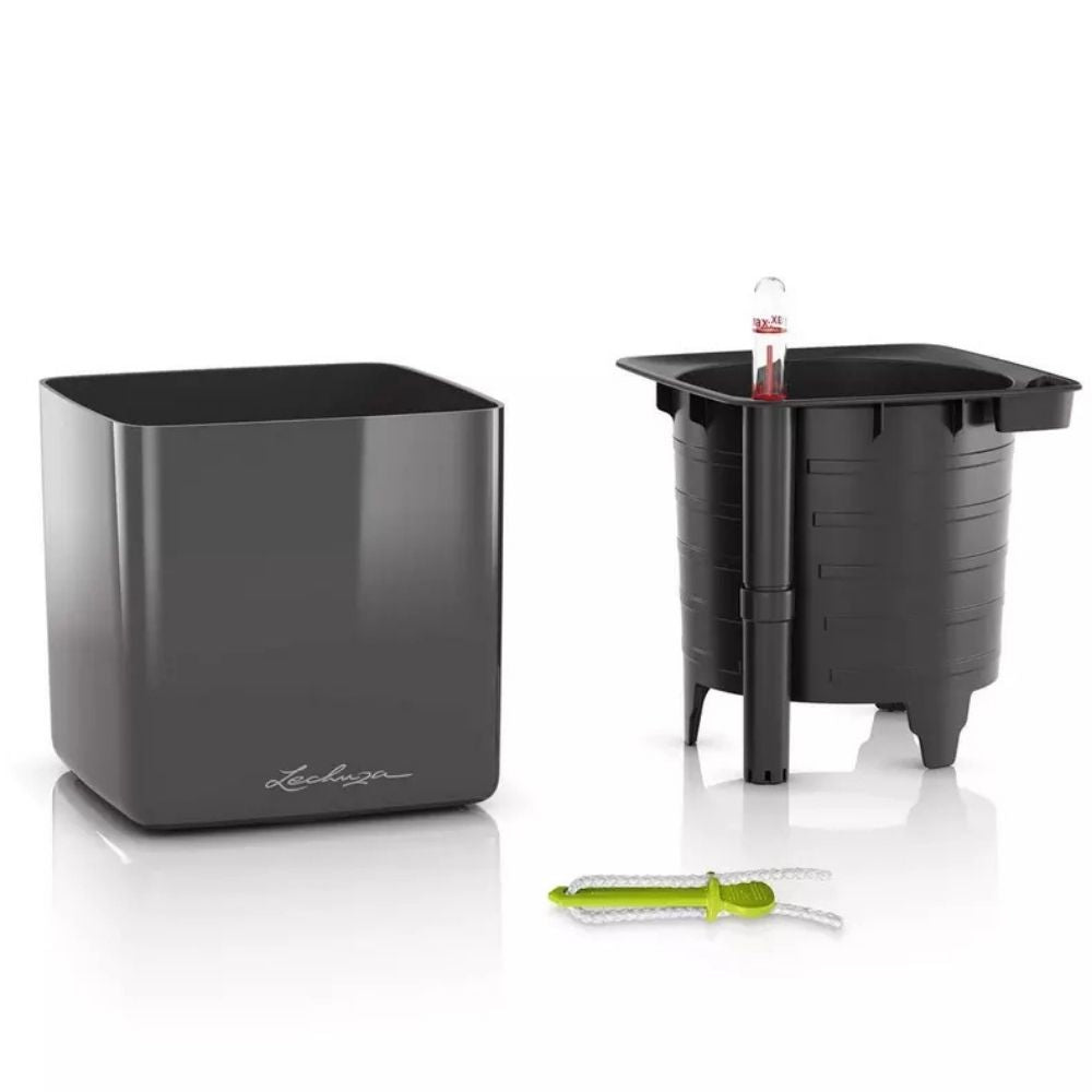 Ghiveci Auto-Irigant Lechuza Cube Glossy 16, rosu lucios, pentru plante cu ghiveci, sistem de autoirigare, insert detasabil, strat de drenaj