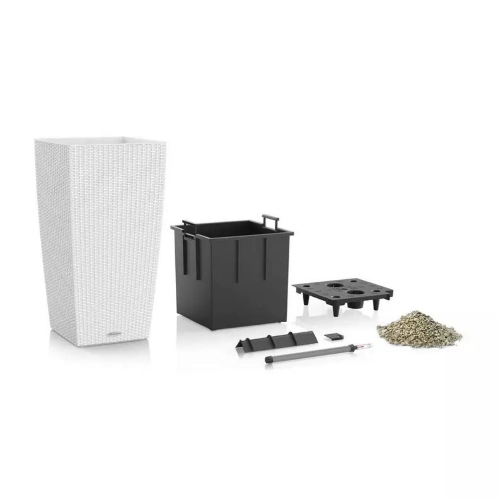 Ghiveci Auto-Irigant Lechuza Cubico Cottage 30, efect de ratan alb, pentru plante cu ghiveci, sistem de autoirigare, insert detasabil, strat de drenaj