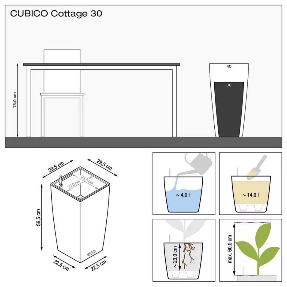 Ghiveci Auto-Irigant Lechuza Cubico Cottage 30, efect de ratan alb, pentru plante cu ghiveci, sistem de autoirigare, insert detasabil, strat de drenaj