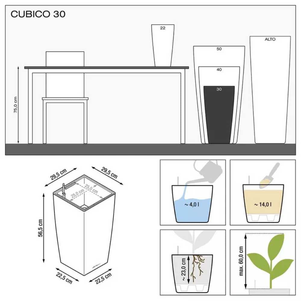 Ghiveci Auto-Irigant Lechuza Cubico Premium 30, 14 l, negru lucios, sistem de autoirigare, insert detasabil, strat de drenaj