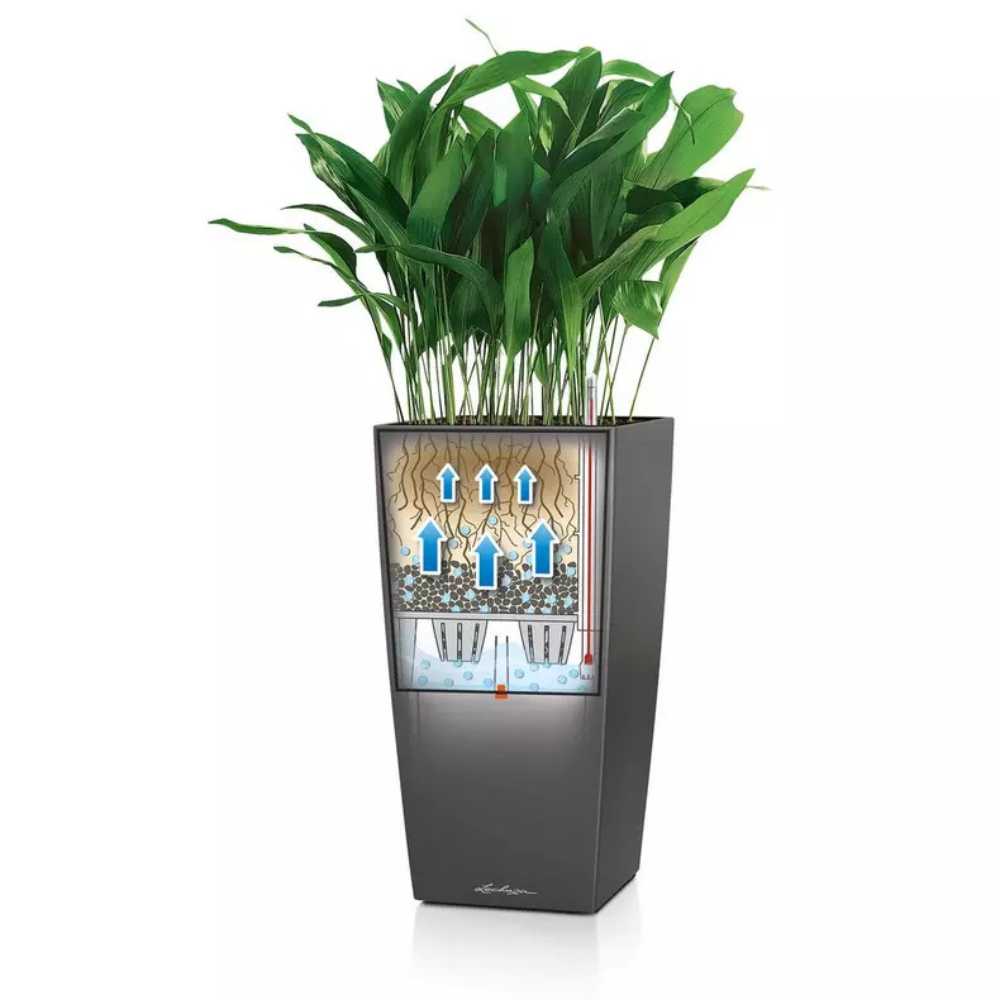 Ghiveci Auto-Irigant Lechuza Cubico Premium 22, 6 l, alb lucios, sistem de autoirigare, insert detasabil, strat de drenaj
