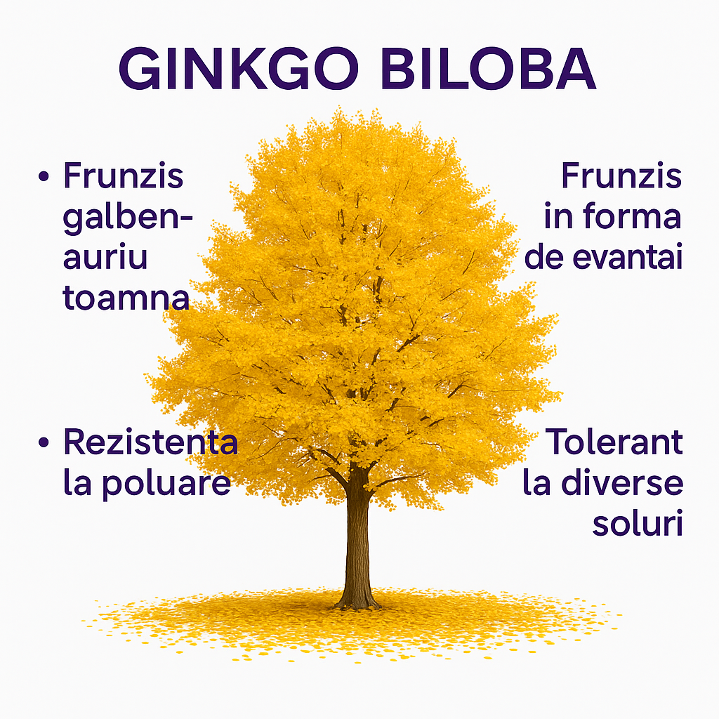 Arborele Pagodelor (Ginkgo Biloba), colorit de toamna cu frunze aurii, specie antica, perfect pentru umbra
