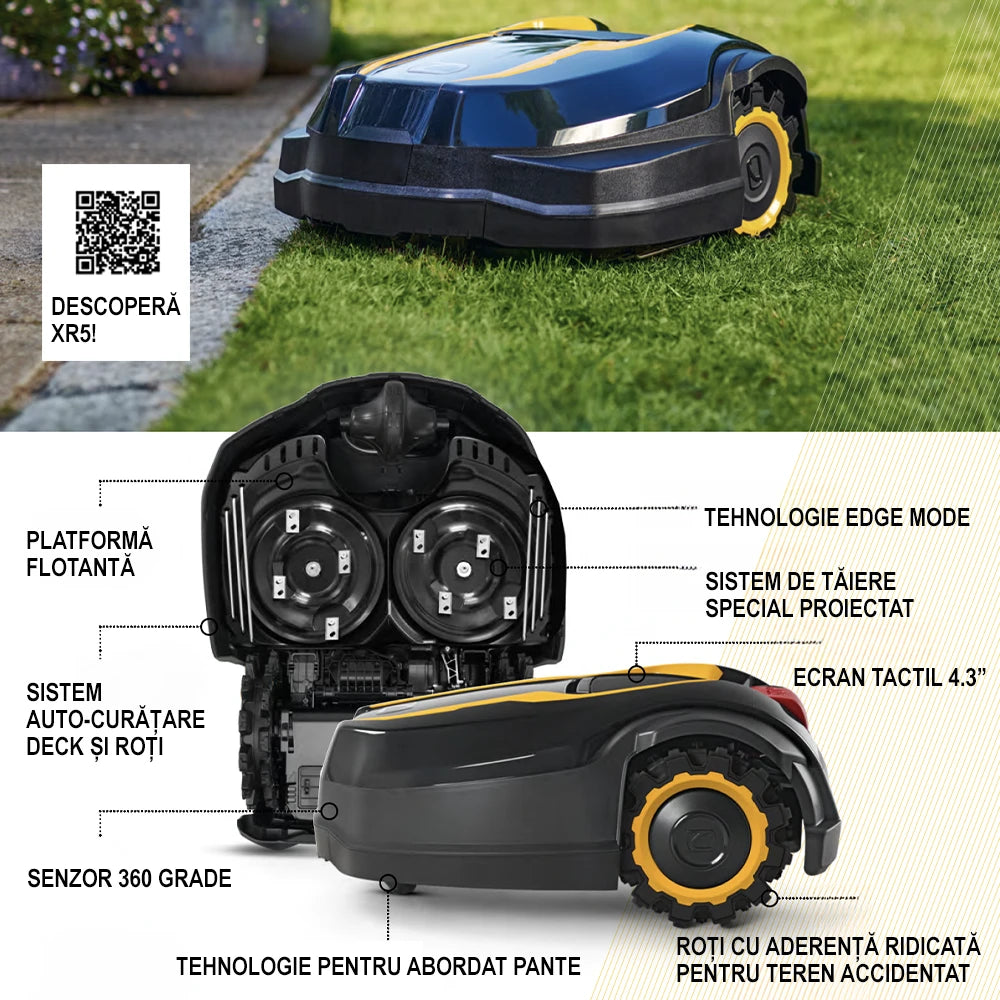 Robot tuns iarba Cub Cadet XR5 1000, automat, pentru suprafete de pana la 1000 mp, latime taiere 21 cm, control prin aplicatie, modul GSM inclus