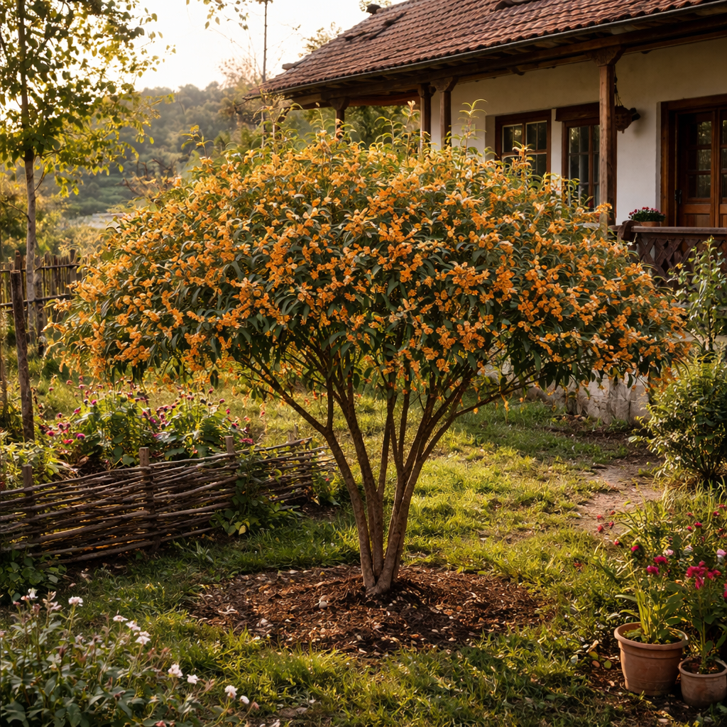 Османтус Osmanthus fragrans 'Rubra Aurantiacus' – вечнозелен храст с портокалови цветове и изключителен аромат
