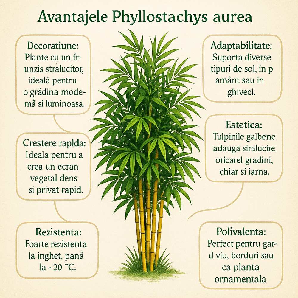 Bambus de Gradina Auriu (Phyllostachys Aurea), tulpini galbene, rezistent la frig, gard viu dens