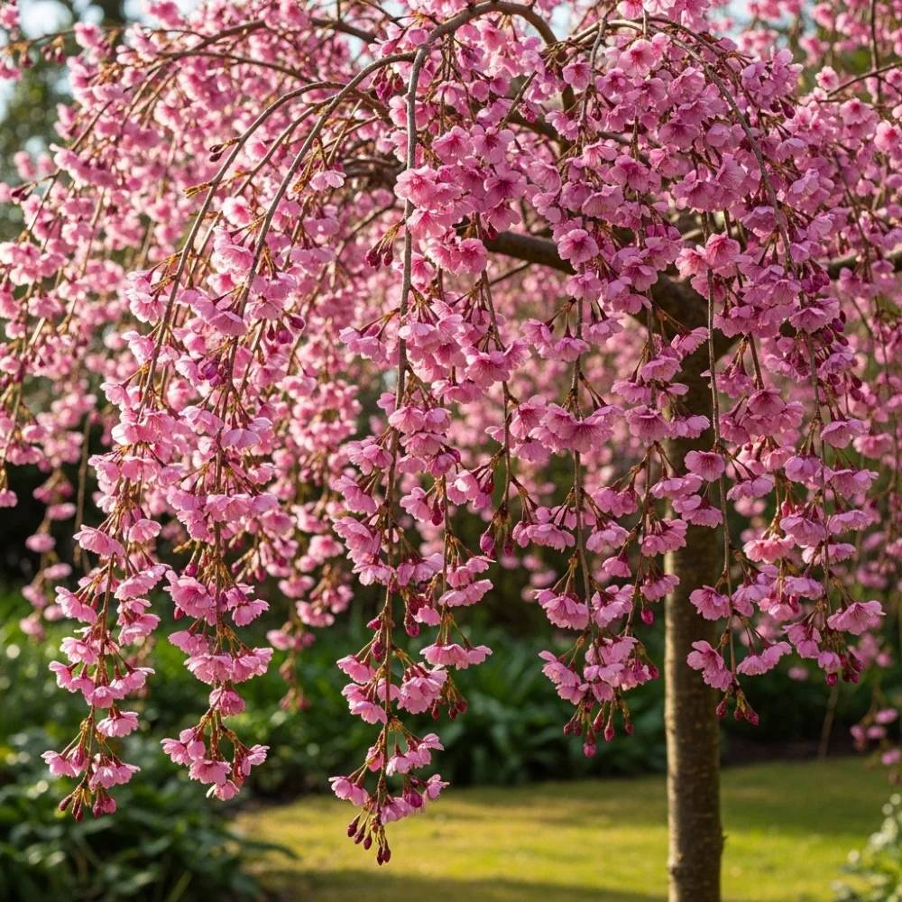 Сакура, плачеща декоративна череша (Pendula Rubra), с розови цветове