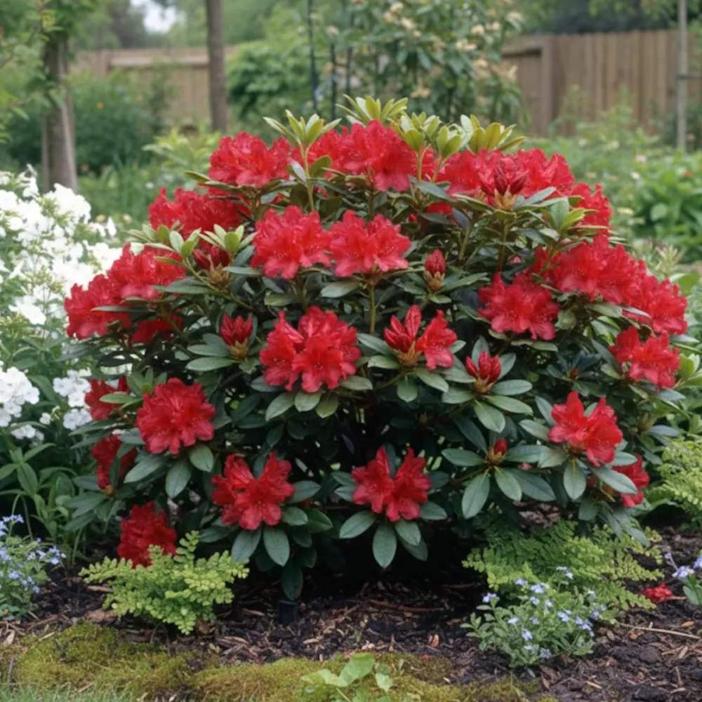 Японска азалия (Rhododendron) Baden Baden – храст с наситеночервени цветове за кисели почви