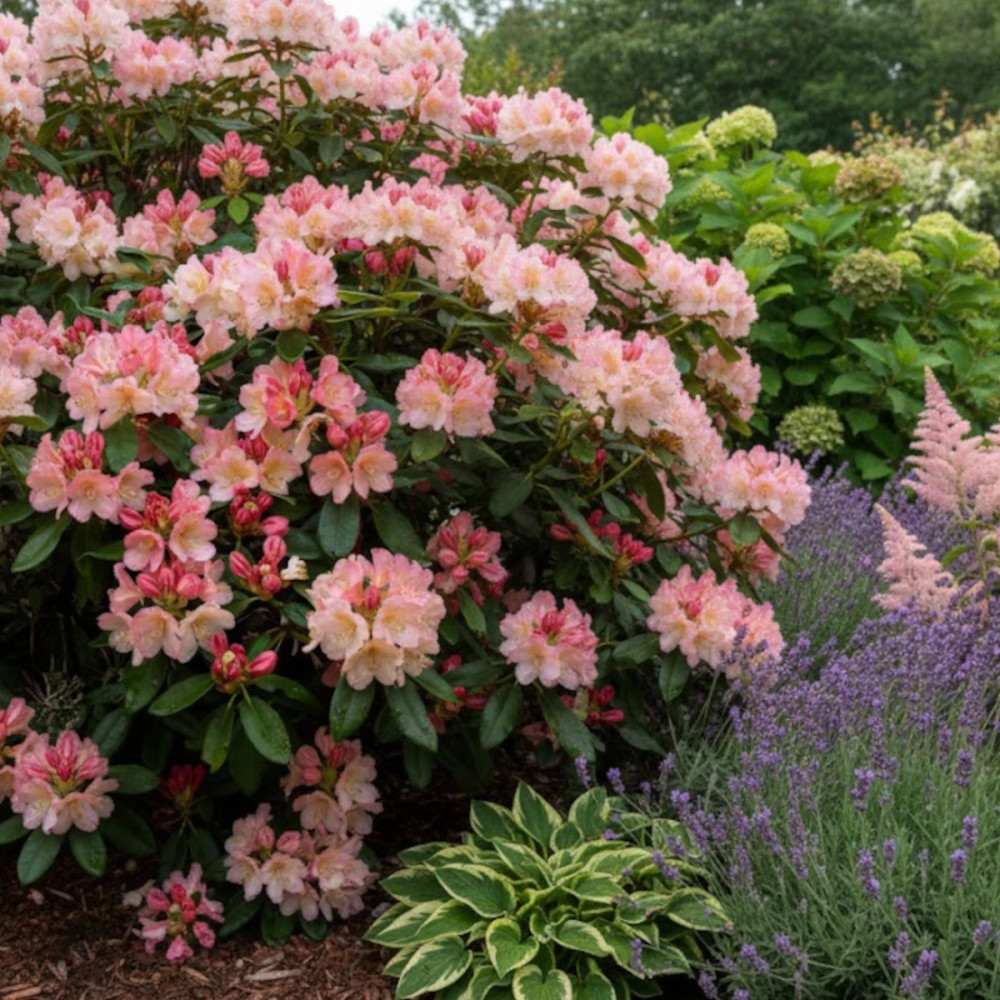 Азалия японска (Rhododendron) Percy Wiseman – компактен храст с променливи розово-сьомгови цветове, вечнозелен за кисела почва и полусянка