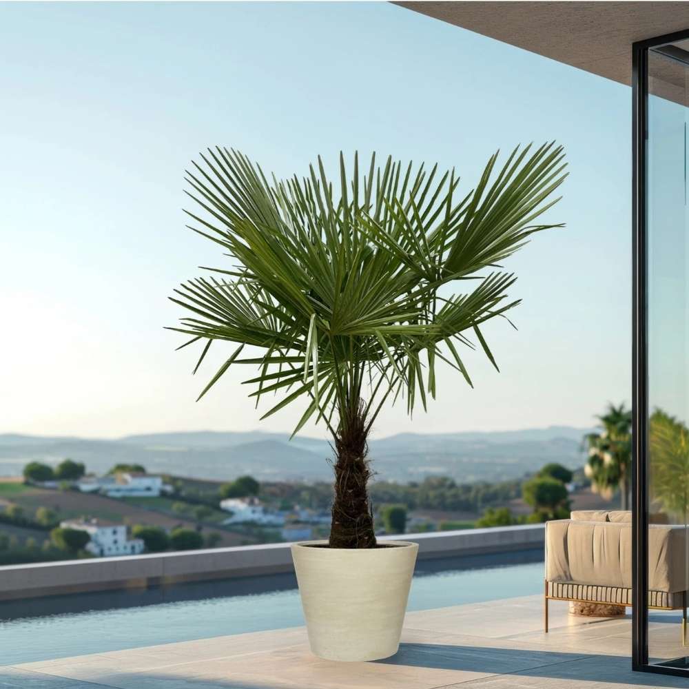 Palmier Morisca Trachycarpus Fortunei, rezistent la ger, frunzis exotic, crestere moderata, tulpina 50-60 cm, inaltime 180 cm