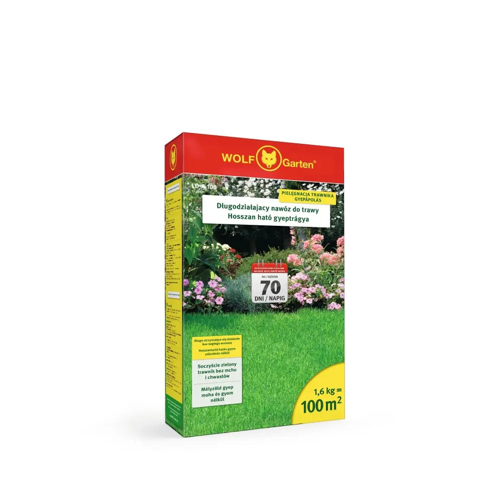 Ливаден тор с бавно освобождаване Wolf Garten, 1.6 kg за 100 m², Продължително действие до 70 дни, Равномерен растеж без стрес, Плътен и здрав тревен килим