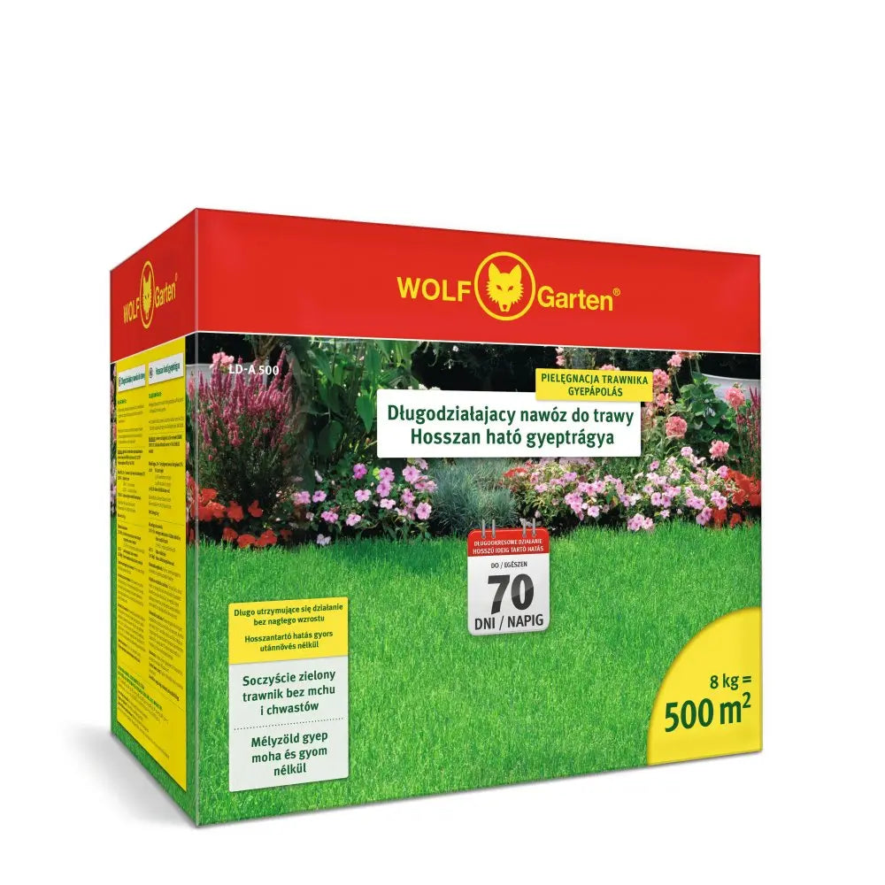 Ливаден тор с бавно освобождаване Wolf Garten, 8 kg за 500 m², Продължително действие до 120 дни, Равномерен растеж без стрес, Плътен и здрав тревен килим