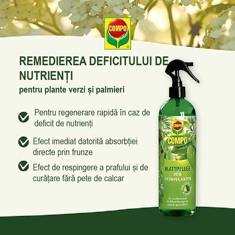 Ingrasamant Lichid pentru Ingrijirea Frunzelor Plantelor Verzi si Palmieri, 500 ml, Sticla cu Pulverizator, COMPO - VERDENA - 500 ml