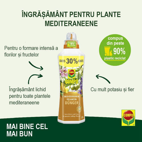 Ingrasamant Organic Lichid pentru Plante Mediteraneene, 500 ml, Special cu Extra Potasiu si Fier, Ingrediente 100% Naturale, COMPO