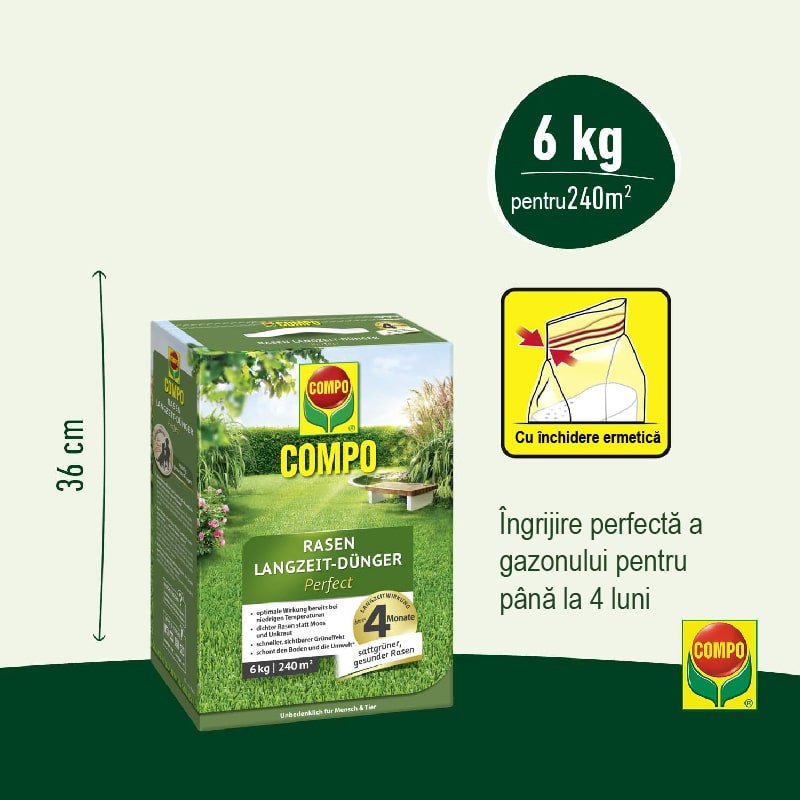 Ingrasamant Organic pentru Gazon, 6 kg pentru 240 m², Efect de Lunga Durata, COMPO - VERDENA - 6 kg