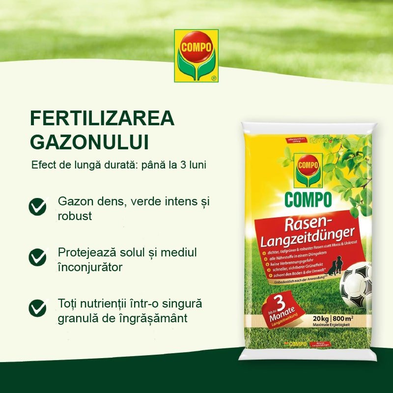 Ingrasamant Organic pentru Gazon impotriva Buruienilor si a Muschiului, 15 kg pentru 540 m², Efect de Lunga Durata, COMPO - VERDENA - 15 kg