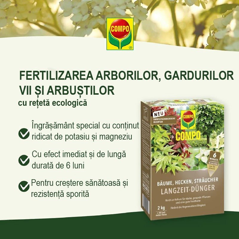 Black Friday - Reduceri Ingrasamant pentru Arbori, Garduri Vii si Arbusti, 2 kg, 40 m², Efect de Lunga Durata 6 Luni, Formula Ecologica, COMPO Promotie