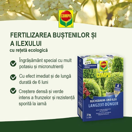 Ingrasamant pentru Buxus si Ilex, pentru Garduri Vii si Arbusti, 850 g, 17 m², Efect de Lunga Durata, Formula Ecologica, COMPO