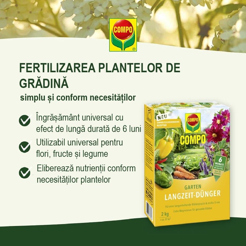 Ingrasamant pentru Gradina, pentru Flori, Fructe si Legume, 2 kg, Efect de Lunga Durata 6 luni, COMPO - VERDENA - 2 kg