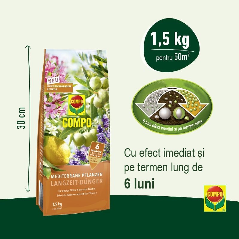 Ingrasamant pentru Plante Mediteraneene, 1.5 kg pentru 50 m², Efect de Lunga Durata 6 Luni, COMPO - VERDENA - 1.5 kg