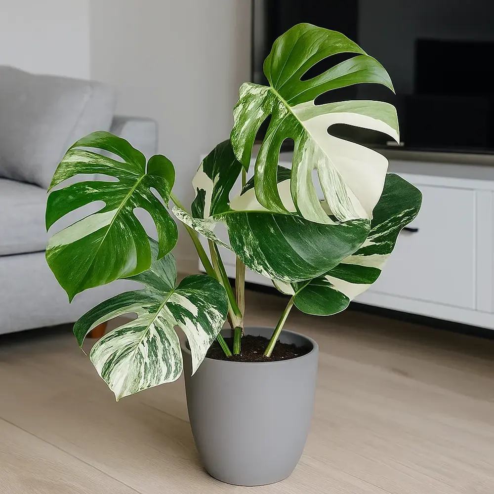 Monstera Deliciosa Thai Constellation, planta de interior rara, variegatie alba marmurata, frunze mari decupate, planta tropicala purificatoare de aer - 55 cm