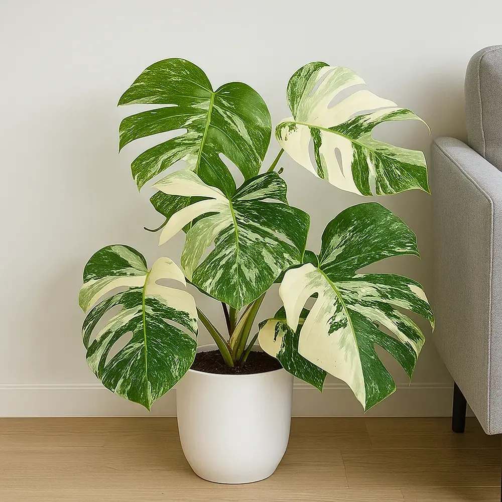 Monstera Deliciosa Thai Constellation, 35 cm, planta de interior rara, variegatie alba marmurata, frunze mari decupate, planta tropicala purificatoare de aer
